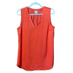 Cabi Hibiscus Rose Red Split V- Neck Flowy Silky Tank Blouse Women's Size Medium